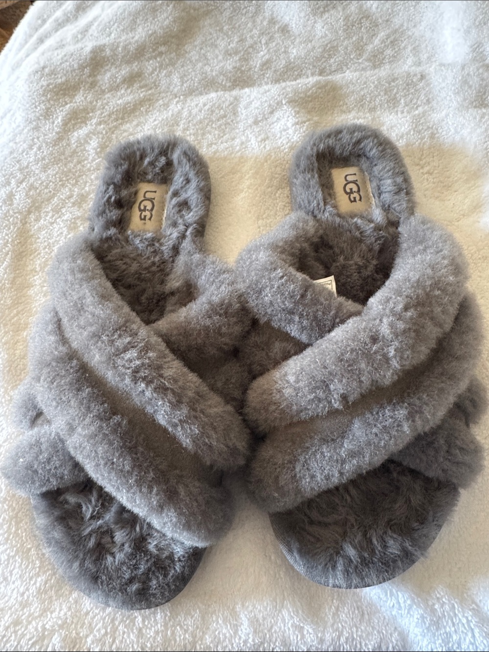UGG Women's Gray Crisscross Fluff Slippers